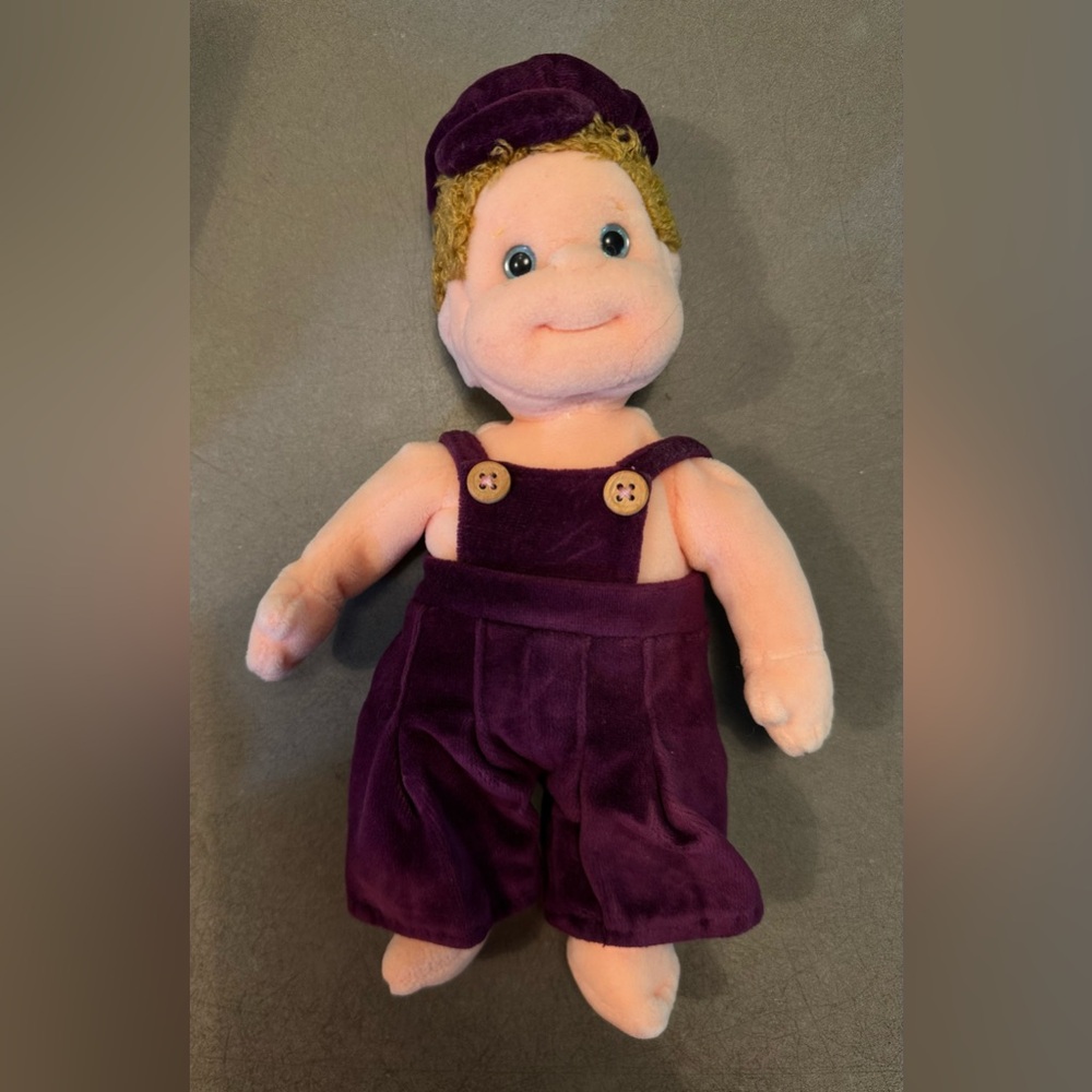 Ty Beanie Kids Boomer‎ Shiny Blue Eyes 10.5" Purple Overalls And Hat
